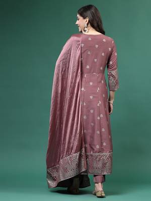 Women mauve color embroidery angrekha kurta pant with dupatta set 3