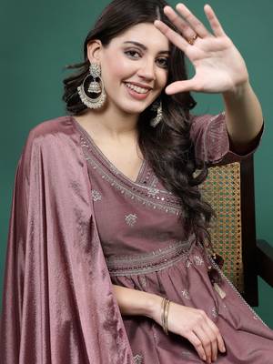Women mauve color embroidery angrekha kurta pant with dupatta set 4
