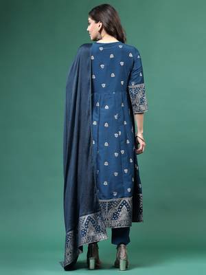 Women blue color embroidery angrekha kurta pant with dupatta set 3