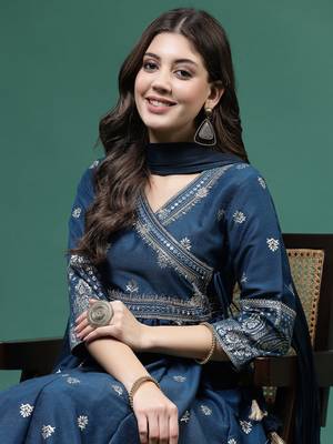 Women blue color embroidery angrekha kurta pant with dupatta set 4