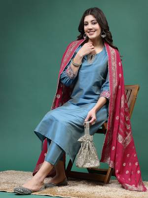 Women blue color embroidery kurta pant with dupatta set 1
