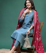 Women blue color embroidery kurta pant with dupatta set