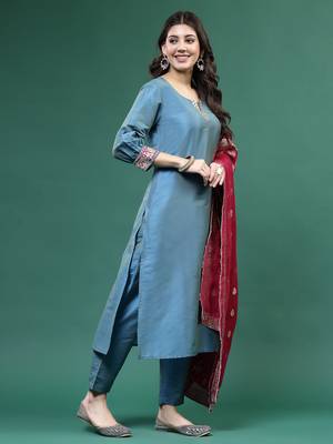 Women blue color embroidery kurta pant with dupatta set 2