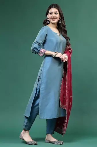 Women blue color embroidery kurta pant with dupatta set