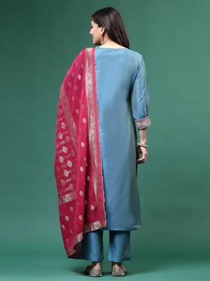 Women blue color embroidery kurta pant with dupatta set 3