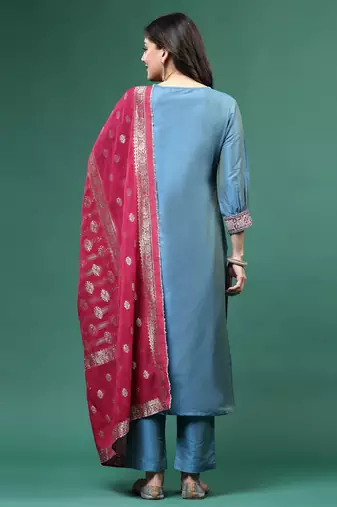 Women blue color embroidery kurta pant with dupatta set