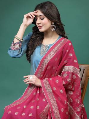 Women blue color embroidery kurta pant with dupatta set 4
