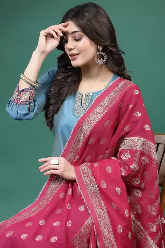 Women blue color embroidery kurta pant with dupatta set