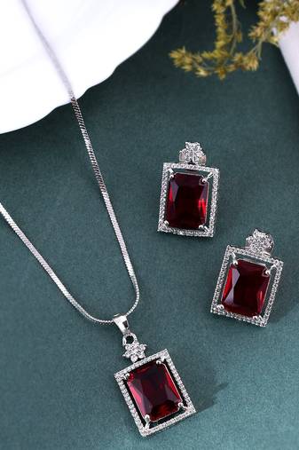 Silver plated american diamond chain  jewellery set
