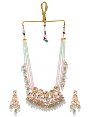 Gold plated long layered kundan jewellery set  for wedding 3