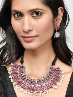 Silver plated red stone  pearl jewellery set for women 2