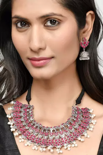 Silver plated red stone  pearl jewellery set for women
