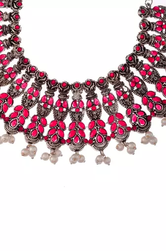 Silver plated red stone  pearl jewellery set for women