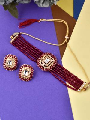 Gold plated & red stone studded choker ad jewellery set 1