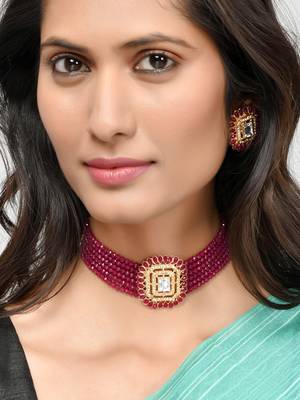 Gold plated & red stone studded choker ad jewellery set 2