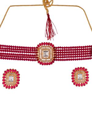 Gold plated & red stone studded choker ad jewellery set 3
