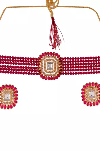 Gold plated & red stone studded choker ad jewellery set