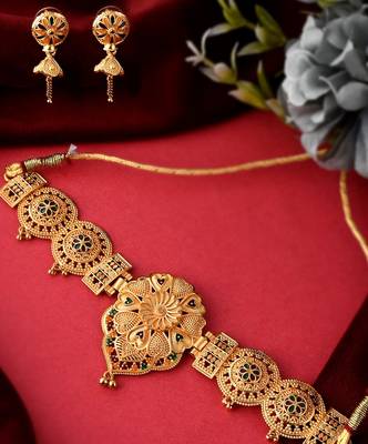 Gold plated handcrafted meenakari floral temple jewellery set 1