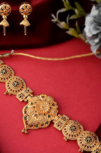 Gold plated handcrafted meenakari floral temple jewellery set