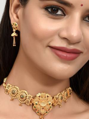 Gold plated handcrafted meenakari floral temple jewellery set 2