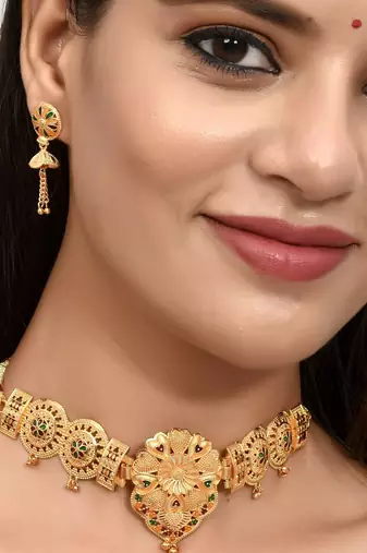 Gold plated handcrafted meenakari floral temple jewellery set