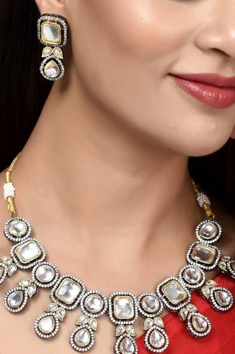 Silver plated white american diamond stone studded jewellery set