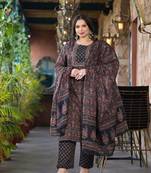  black & red floral print straight plus size kurta trouser and dupatta set