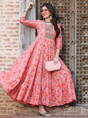 Gulmohar jaipur cotton ankle length printed flared 3/4 sleeves round kurta 1