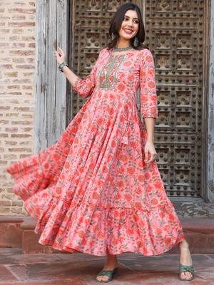 Gulmohar jaipur cotton ankle length printed flared 3/4 sleeves round kurta 3