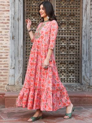 Gulmohar jaipur cotton ankle length printed flared 3/4 sleeves round kurta 4