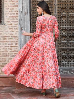 Gulmohar jaipur cotton ankle length printed flared 3/4 sleeves round kurta 5