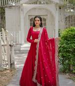 women's pink faux blooming with rich sequins embroidered work gown & dupatta set