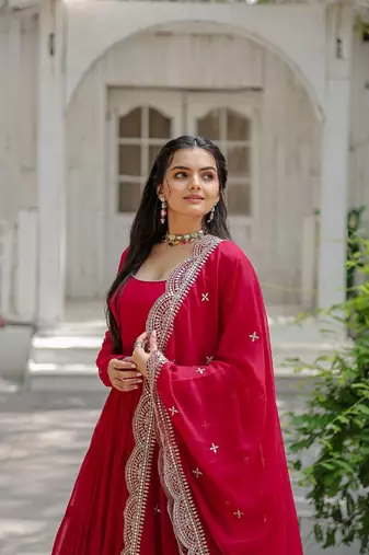 women's pink faux blooming with rich sequins embroidered work gown & dupatta set