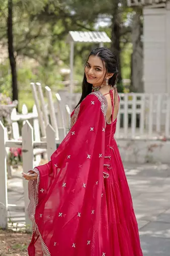 women's pink faux blooming with rich sequins embroidered work gown & dupatta set