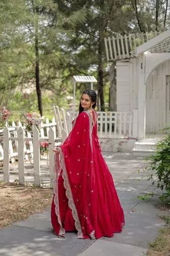 women's pink faux blooming with rich sequins embroidered work gown & dupatta set