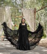 women's black faux blooming with rich sequins embroidered work gown & dupatta set