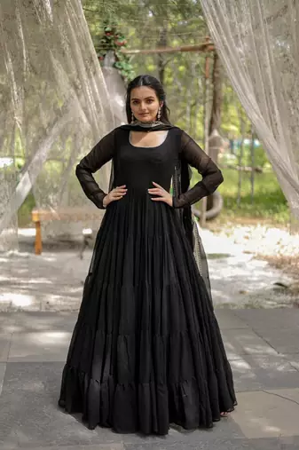women's black faux blooming with rich sequins embroidered work gown & dupatta set