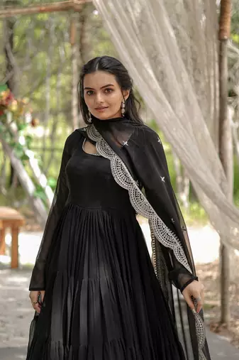 women's black faux blooming with rich sequins embroidered work gown & dupatta set