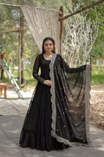 women's black faux blooming with rich sequins embroidered work gown & dupatta set