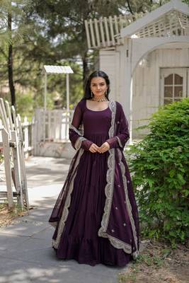women's wine faux blooming with rich sequins embroidered work gown & dupatta set 1