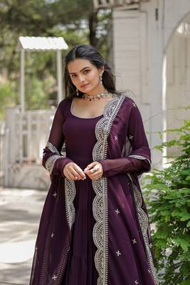 women's wine faux blooming with rich sequins embroidered work gown & dupatta set 2