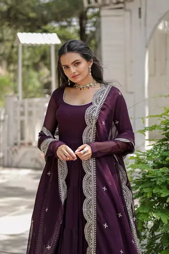 women's wine faux blooming with rich sequins embroidered work gown & dupatta set