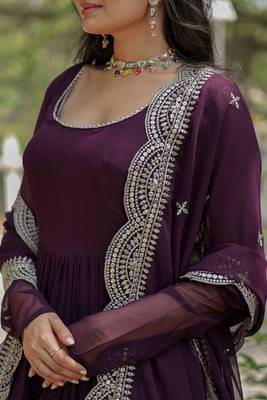 women's wine faux blooming with rich sequins embroidered work gown & dupatta set 3