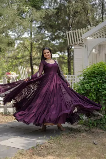 women's wine faux blooming with rich sequins embroidered work gown & dupatta set