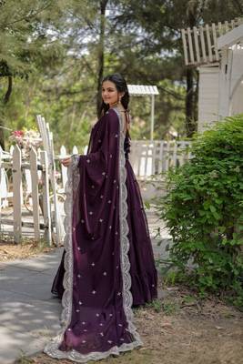 women's wine faux blooming with rich sequins embroidered work gown & dupatta set 5