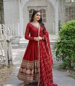 faux blooming    captivating maroon color gown with ravishing dupatta