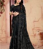 Black Resham Handwork Embroidery Net Party Wear Saree