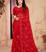 Designer Red Resham Hand Work Embroidery Net Party Wear Saree