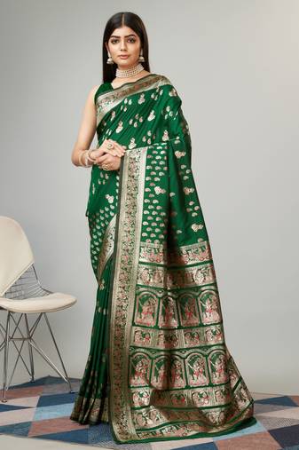 Green Woven Baluchari Silk Blend Saree With Blouse