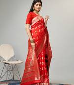 Red woven baluchari silk saree with blouse